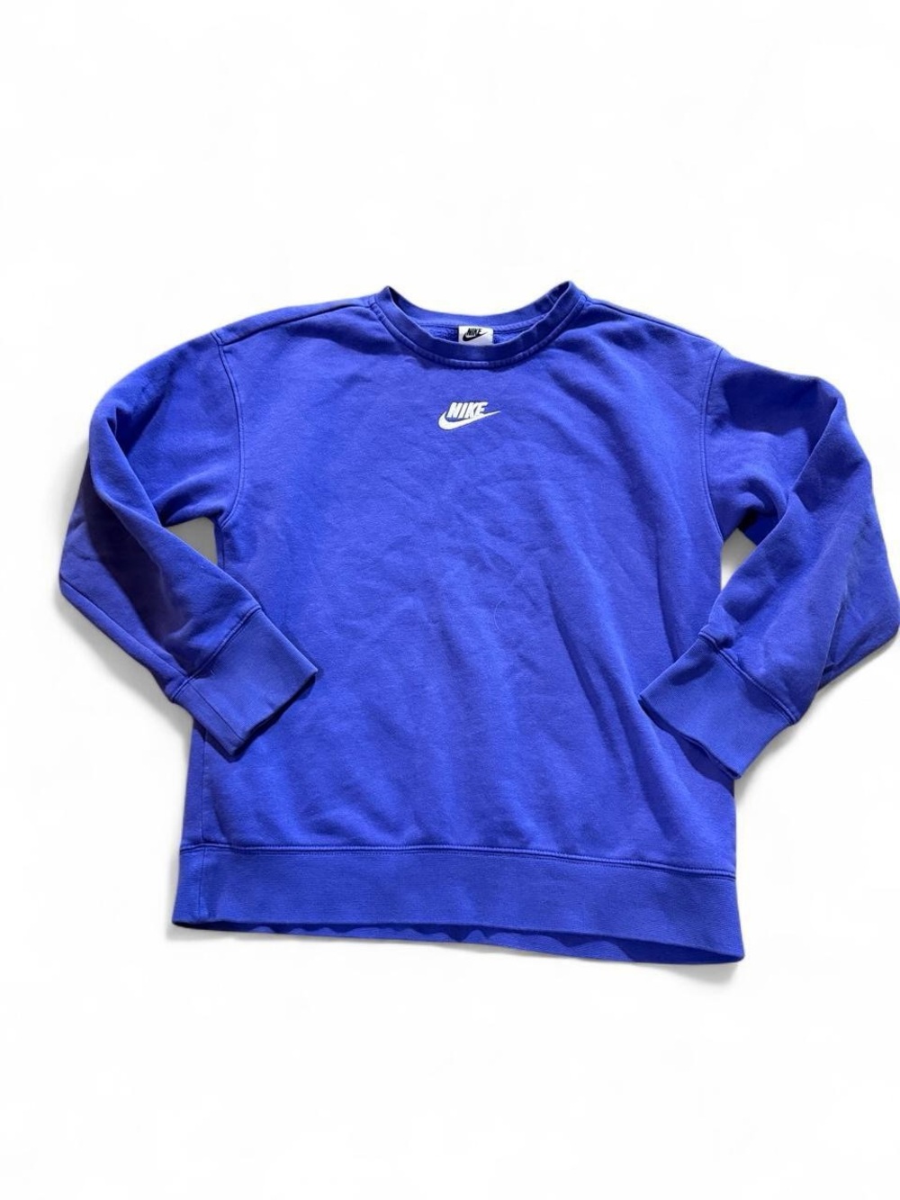 Nike large child’s Cobalt Blue Crew Sweatshirt with White Swoosh.